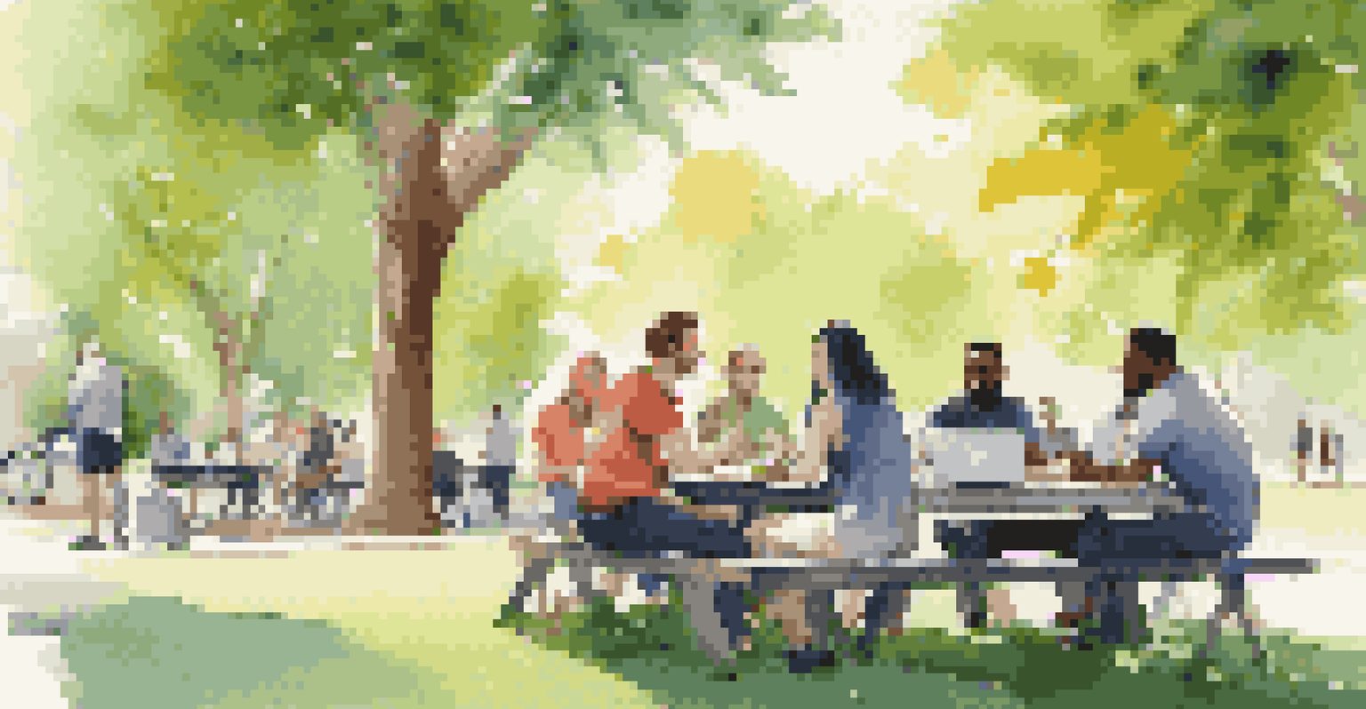 A group of colleagues having a meeting outdoors in a park, surrounded by greenery and sunlight.