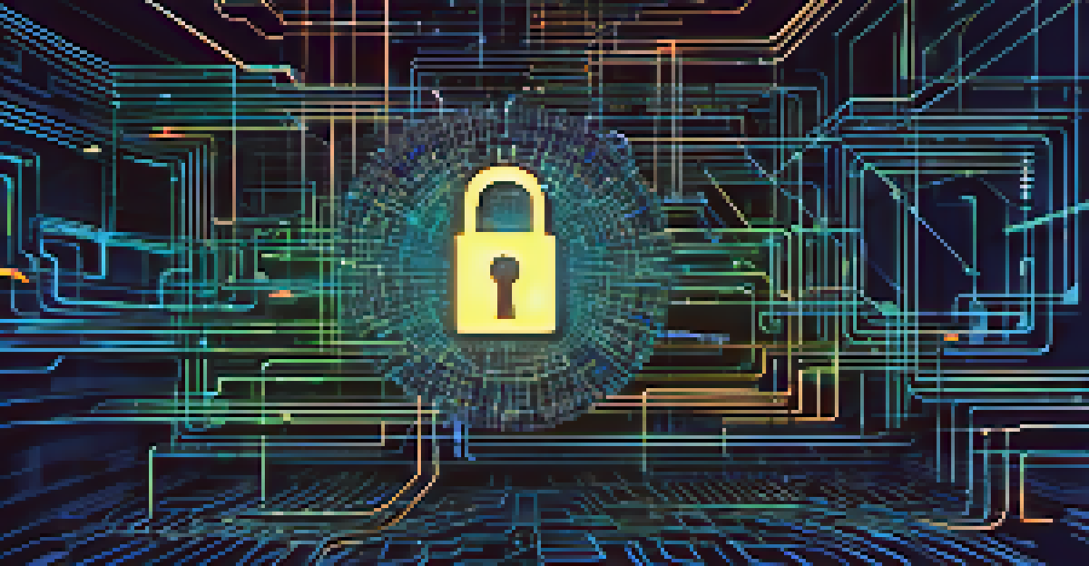 An abstract image of a glowing lock over a network, representing data encryption and security.