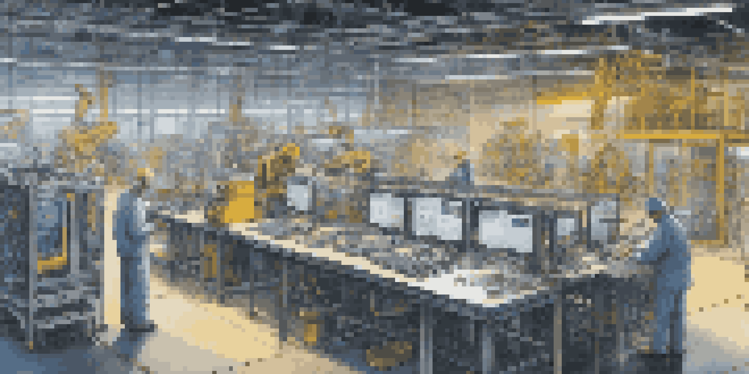 A modern factory interior with advanced machinery, sensors, and workers monitoring equipment.