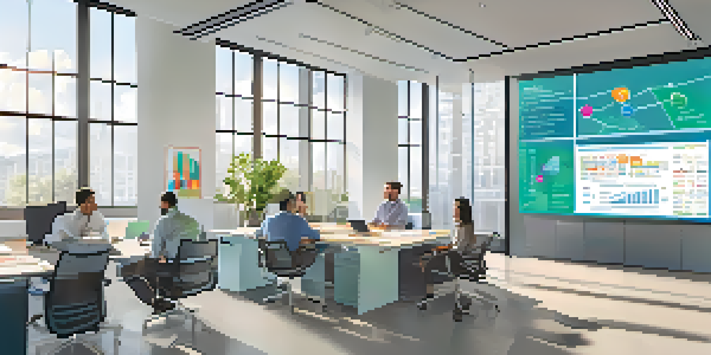 A bright modern office with a large screen displaying a knowledge management system. Employees are engaged in discussion around a conference table, with colorful charts and notes on the walls.