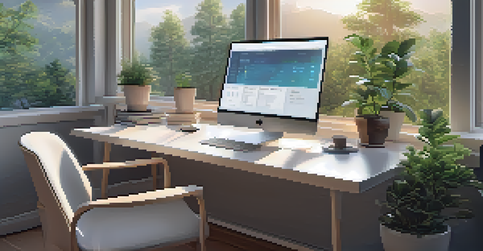 A tidy workspace with a computer showing cloud security settings, surrounded by a coffee cup, a notebook, and a plant.