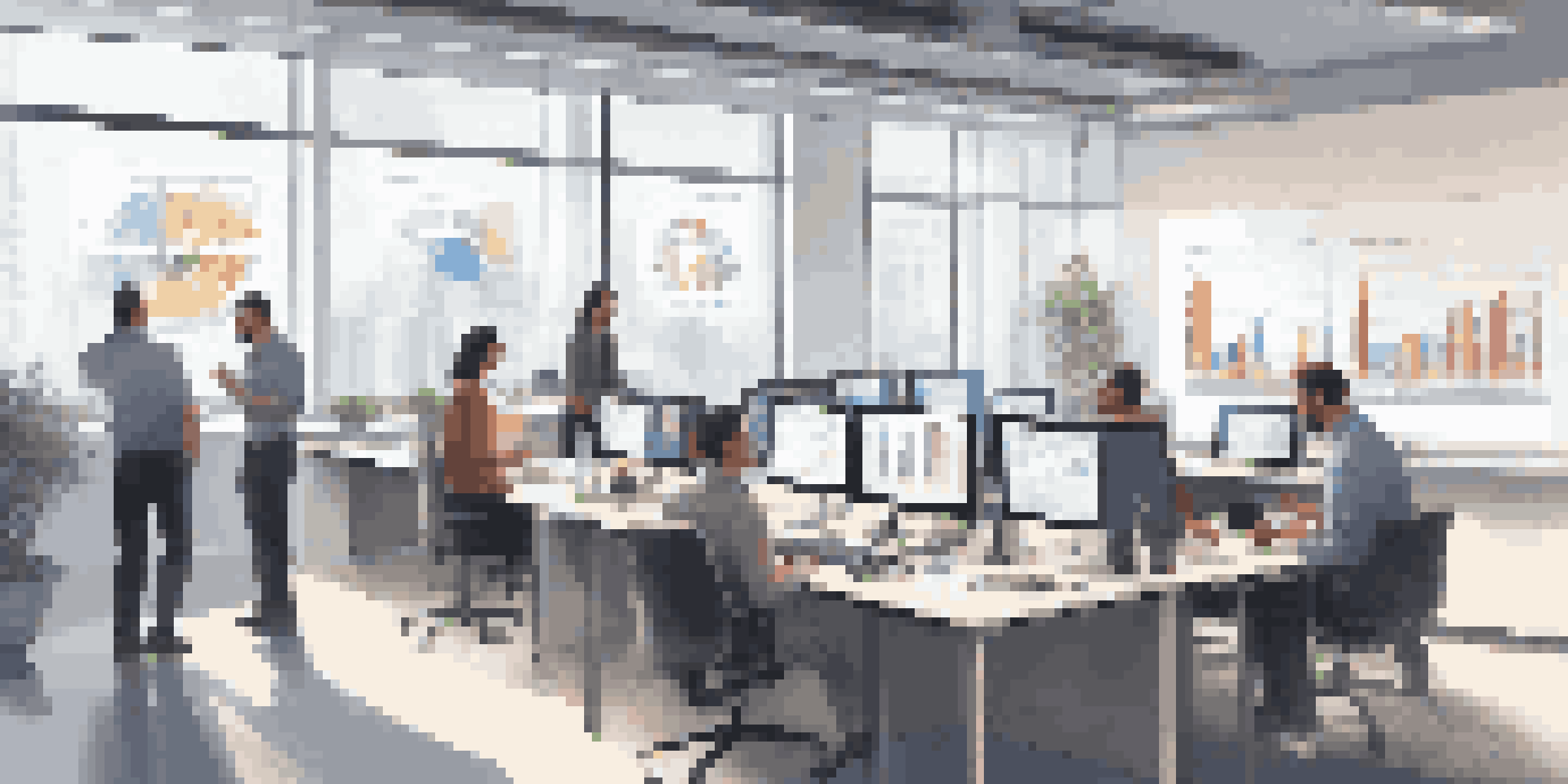 An office with employees discussing AI-driven maintenance scheduling, featuring a large screen with analytics displayed.
