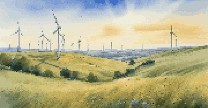 A peaceful view of a wind farm with spinning turbines on green hills under a clear blue sky, illuminated by sunlight.