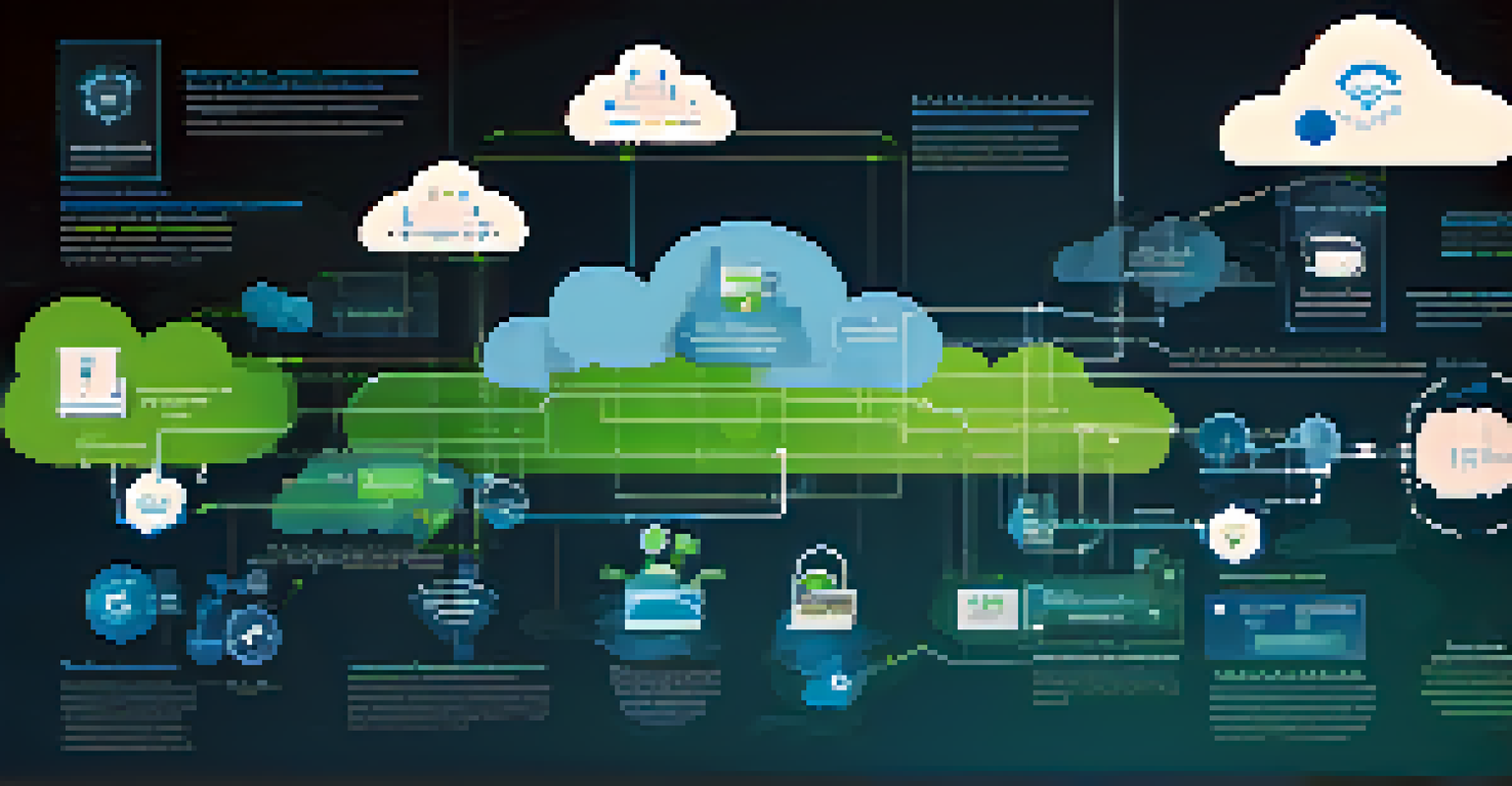 An infographic depicting the integration of monitoring and logging solutions in cloud security with interconnected elements and a blue and green color scheme.