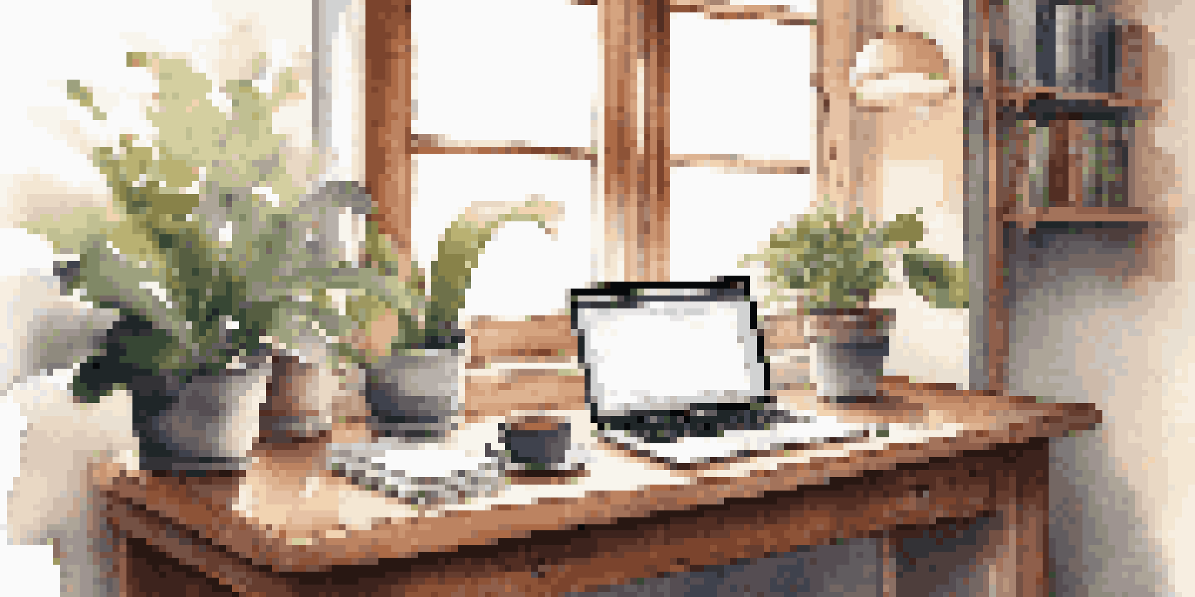 A modern desk setup featuring a laptop, coding books, a potted plant, and a cup of coffee, illuminated by natural light from a window.