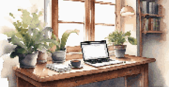A modern desk setup featuring a laptop, coding books, a potted plant, and a cup of coffee, illuminated by natural light from a window.