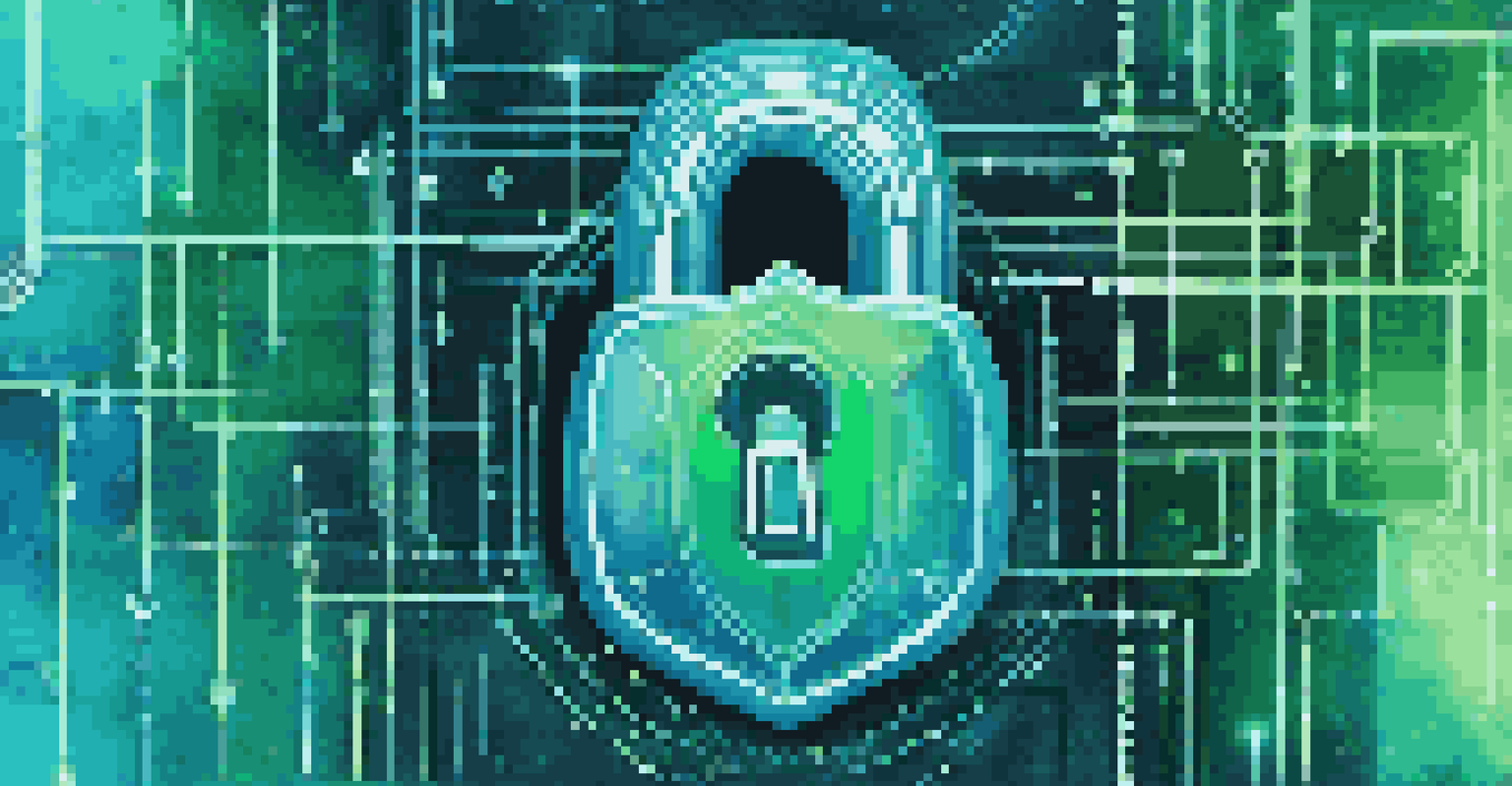 An abstract digital lock symbolizing data protection against a background of binary code and cloud icons, with a blue and green color scheme.