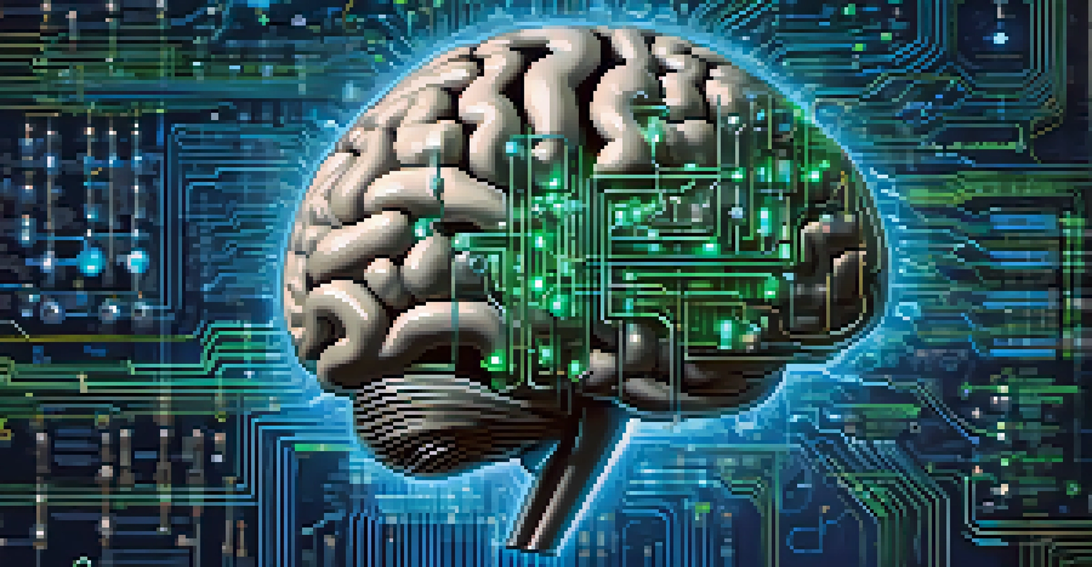 A brain composed of circuit patterns and digital elements surrounded by icons of various industries representing AI's impact.