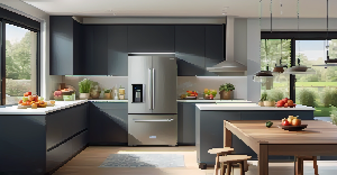 A modern kitchen with a smart refrigerator displaying recipe suggestions, surrounded by fresh produce and bright natural light.