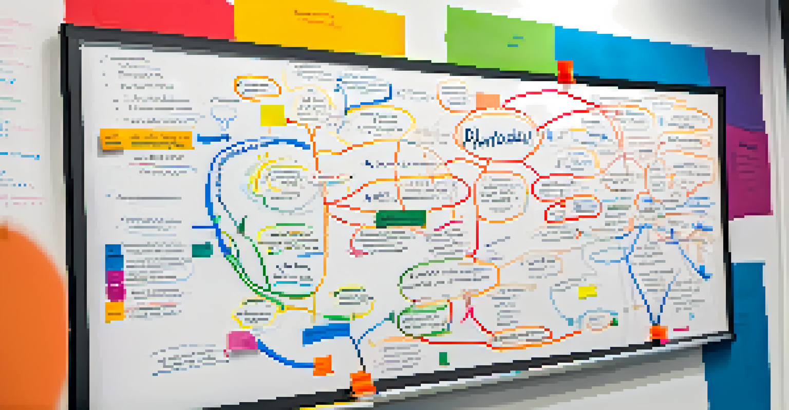 A close-up of a whiteboard with a mind map of scaling Agile frameworks, surrounded by a blurred team meeting.