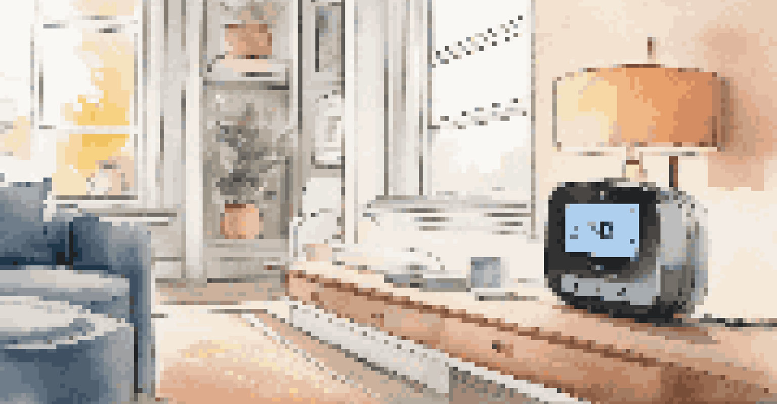 A close-up of a smart home device displaying data in a cozy living room.