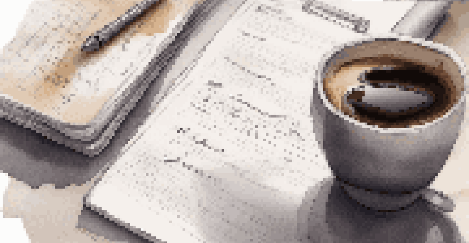 A close-up of a hand writing in a notebook with a cup of coffee nearby, showing the writing process.