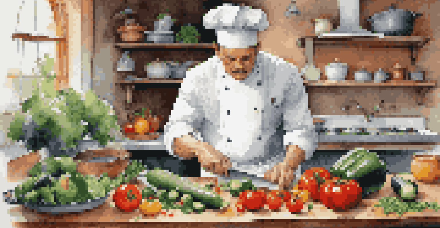 A chef in a white apron preparing fresh vegetables in a bright kitchen.