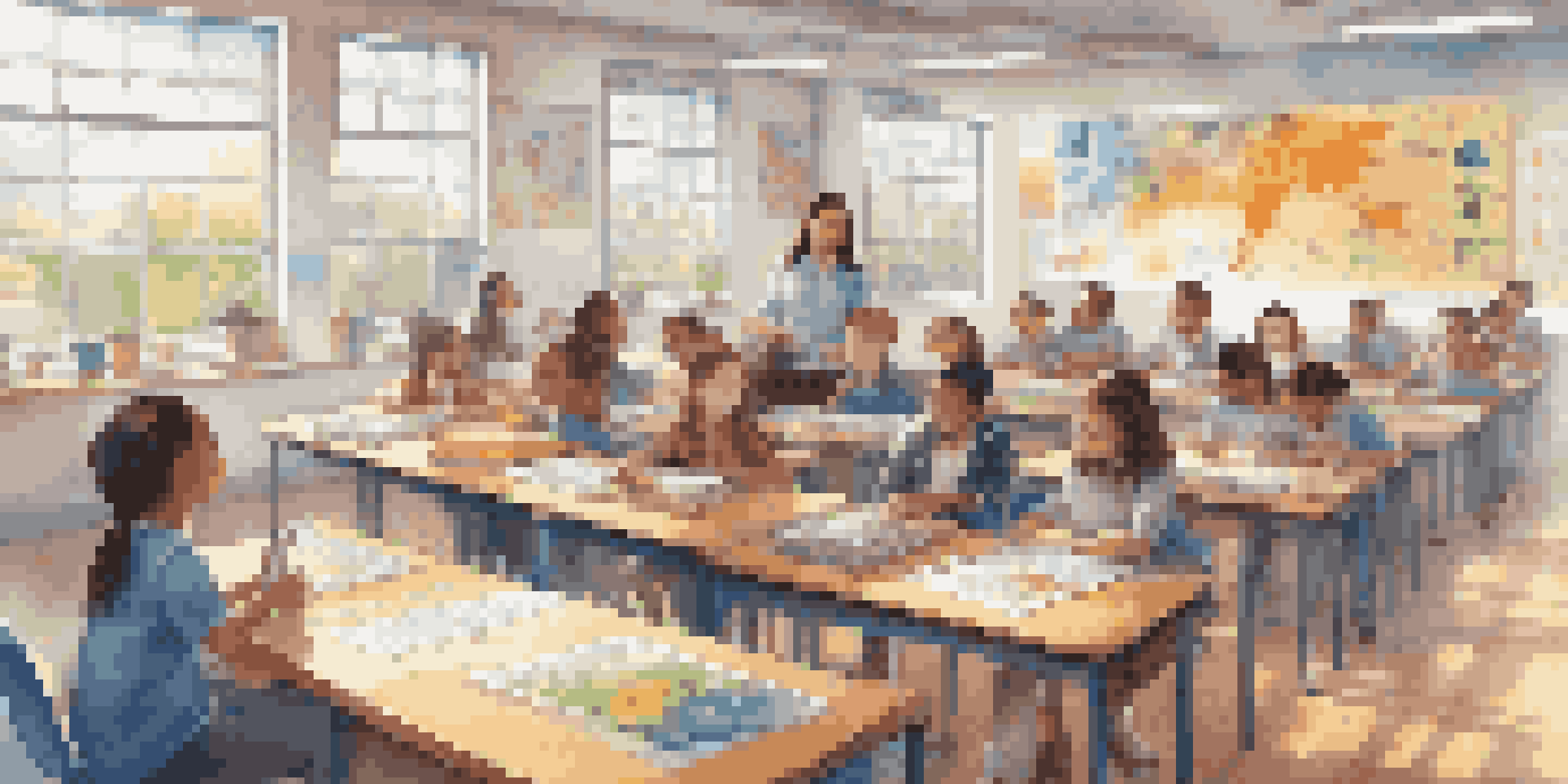 A classroom scene with students using personalized tablets for learning, surrounded by colorful educational materials and a supportive teacher.