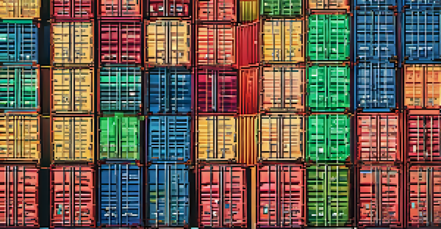 An abstract image of colorful shipping containers stacked against a vibrant sunset, representing containerization and efficiency.
