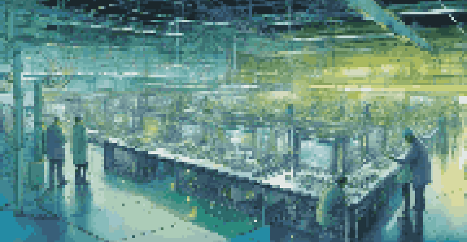 A futuristic factory with IoT devices in machines connected to an AI system, illuminated by blue and green lights.