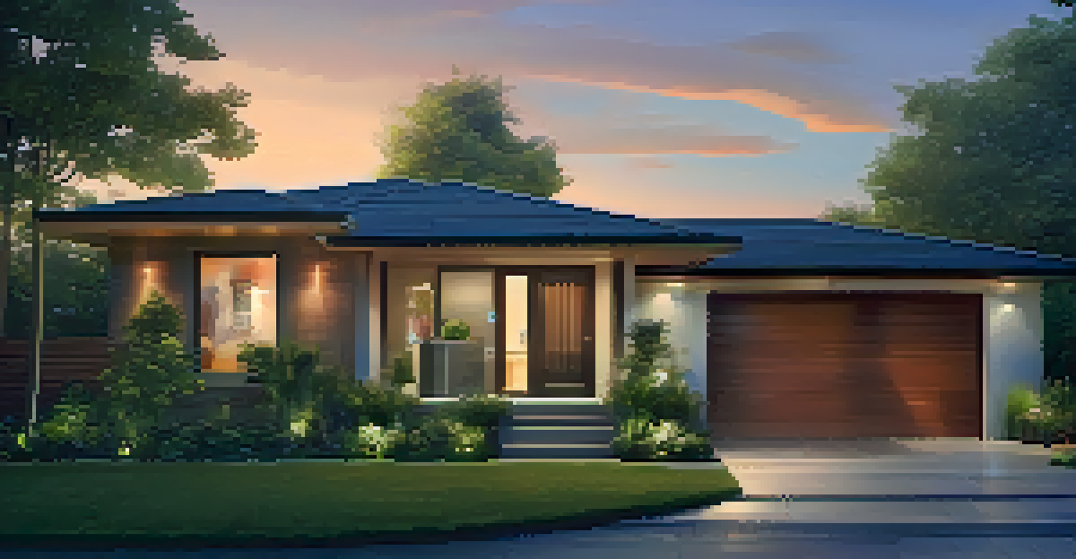 A modern house exterior with a security camera, outdoor lights, and a pathway illuminated at dusk.