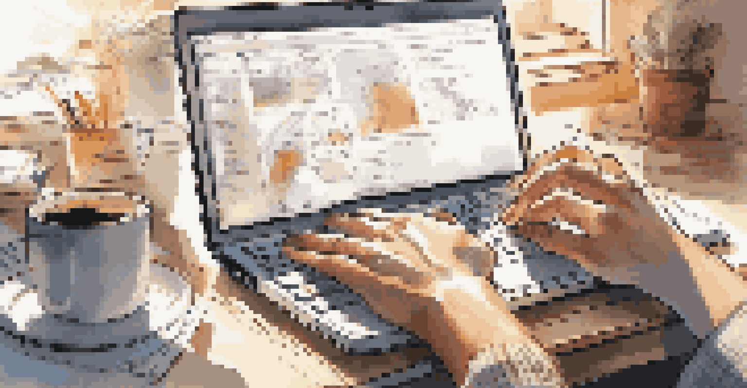 Hands typing on a laptop with a coffee cup and notes on a desk, illuminated by warm sunlight.