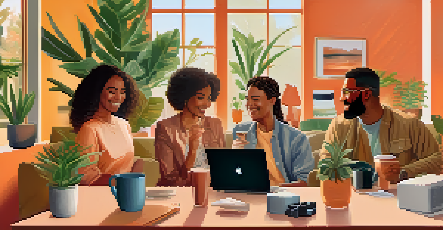 A diverse group of remote workers enjoying a virtual coffee break, smiling and interacting through their screens in cozy home environments.