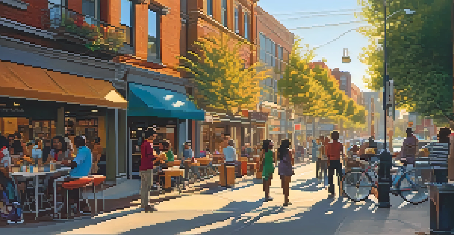 A vibrant urban street scene at sunset, featuring pedestrians, storefronts, and a street musician.