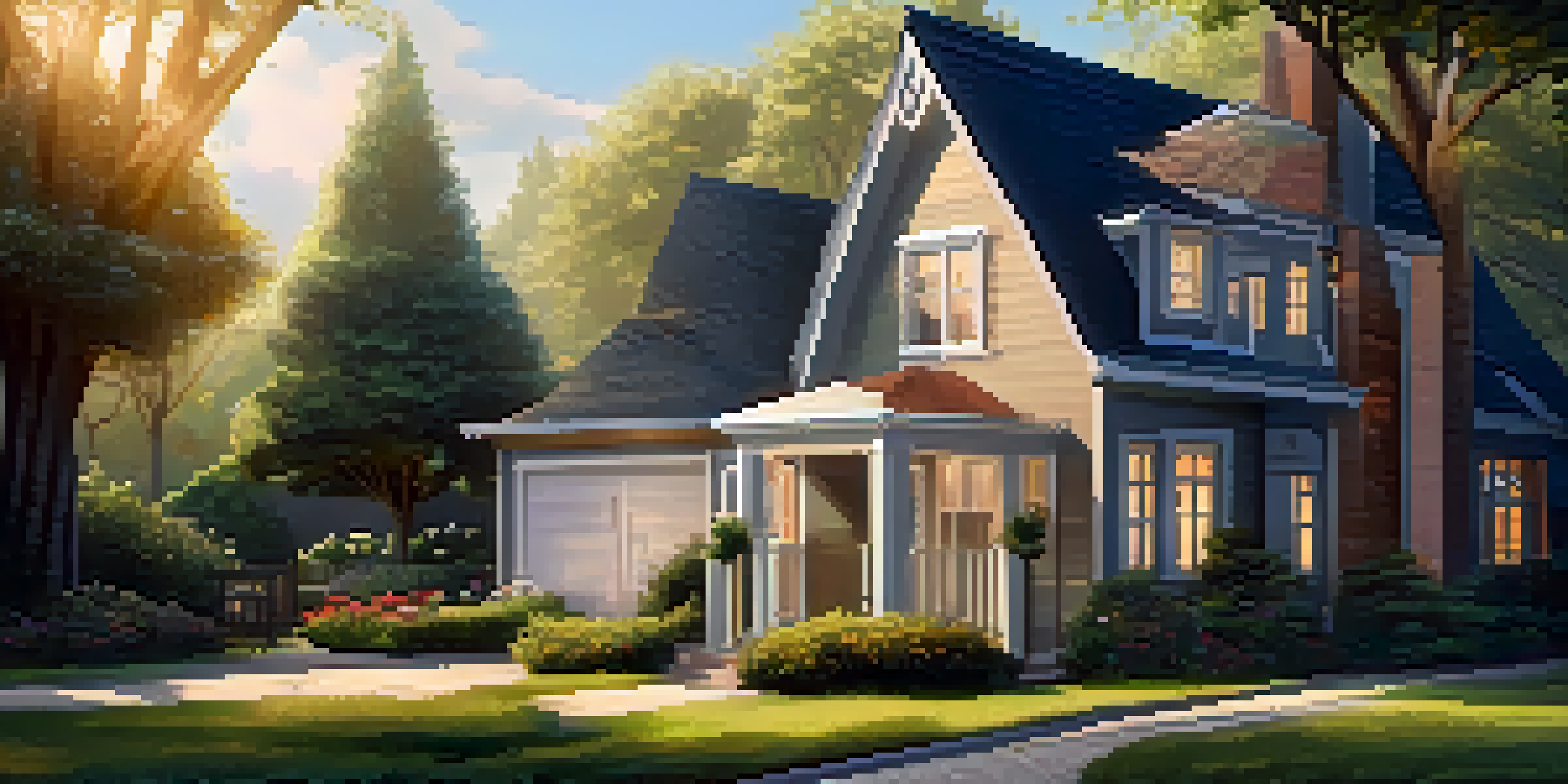 A small house in a neighborhood with a digital lock on the door, surrounded by a garden and sunlight filtering through trees.