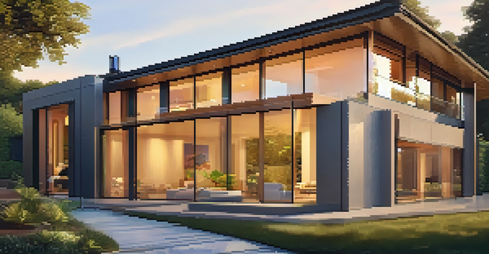 A modern house surrounded by green trees and plants, showcasing integrated privacy features like stylish locks on the doors, under a vibrant sunset.