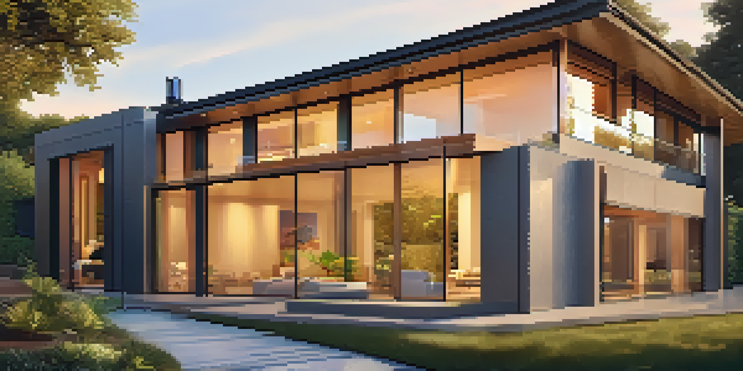 A modern house surrounded by green trees and plants, showcasing integrated privacy features like stylish locks on the doors, under a vibrant sunset.