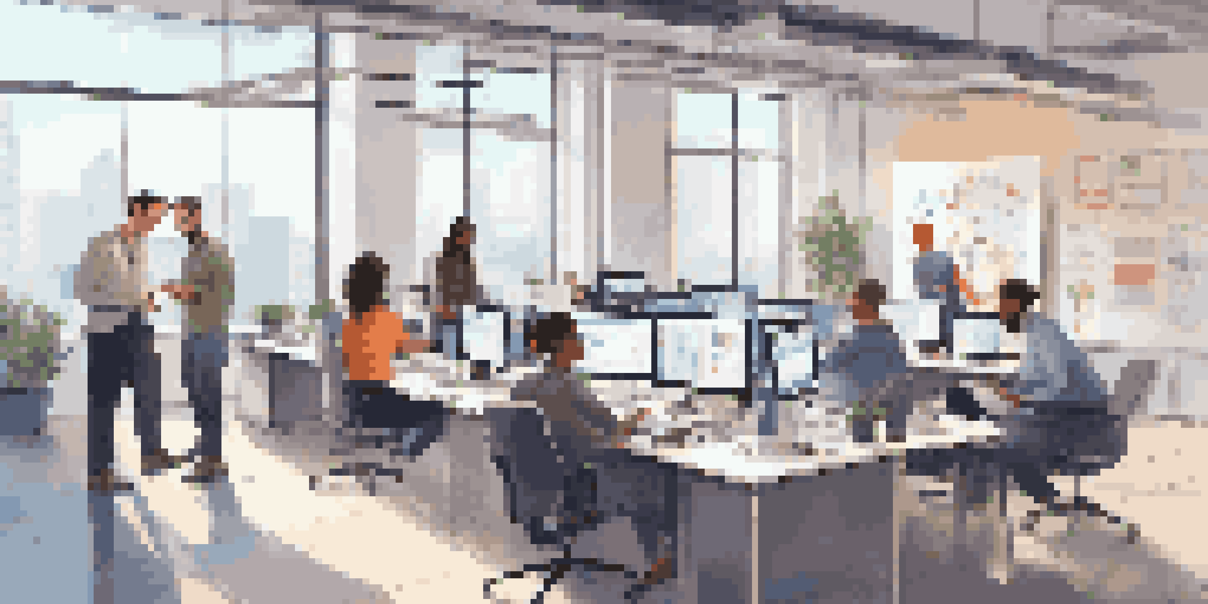 A diverse group of professionals collaborating in a bright office, using digital devices to work on a low-code development platform.