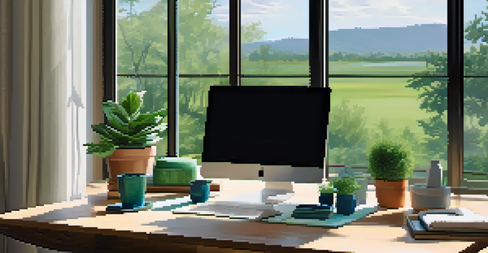 A bright and inviting office space with a laptop on the desk, plants, and a view of greenery outside the window.