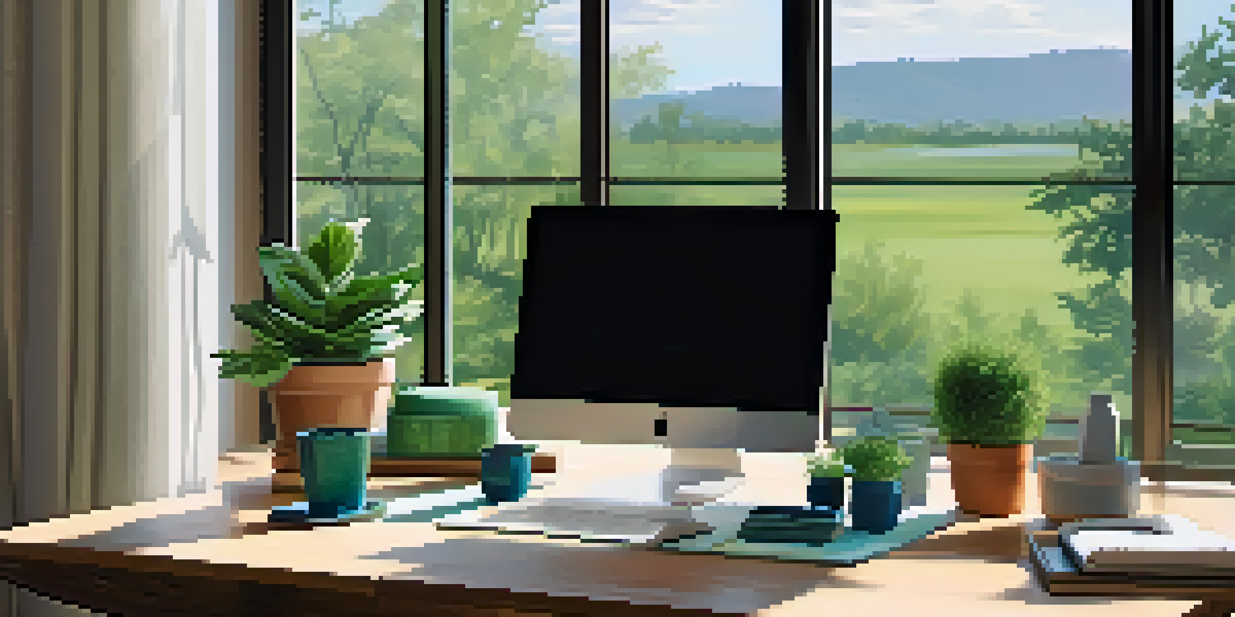 A bright and inviting office space with a laptop on the desk, plants, and a view of greenery outside the window.