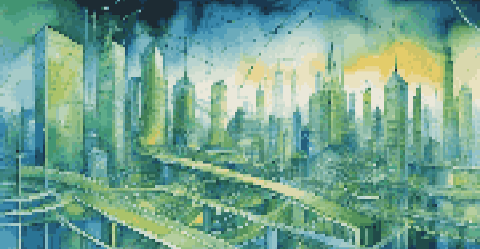 A futuristic city skyline with glowing nodes and data streams representing serverless architecture.