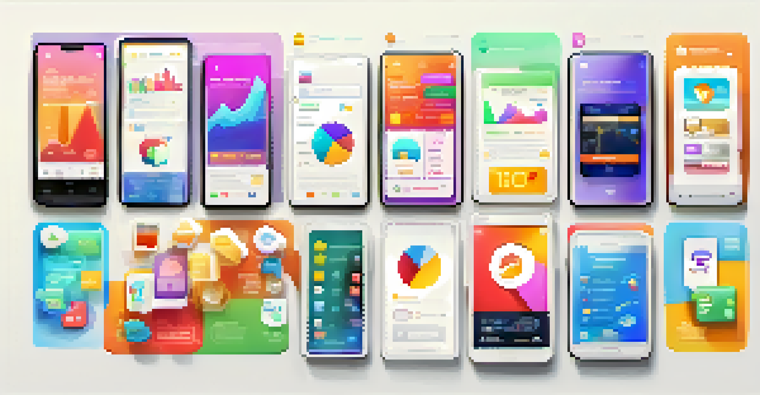 A colorful digital illustration of mobile app monetization models represented by icons and graphs on a white background.