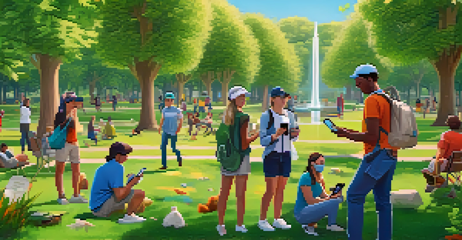 Participants in a park using smartphones for an AR scavenger hunt, with animated graphics overlaying the real environment.
