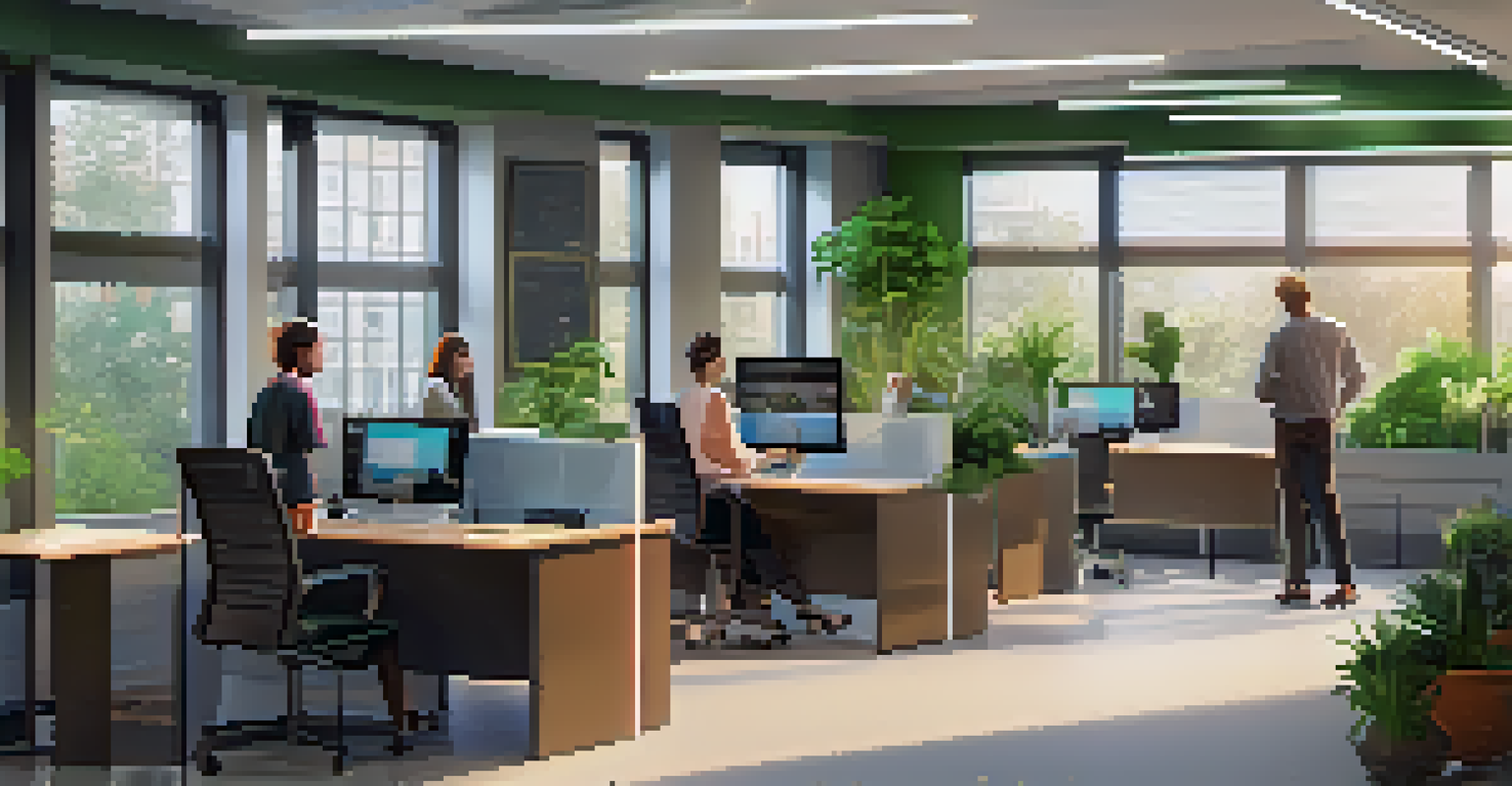 A university administrative office with staff and students interacting with a computer chatbot for assistance.