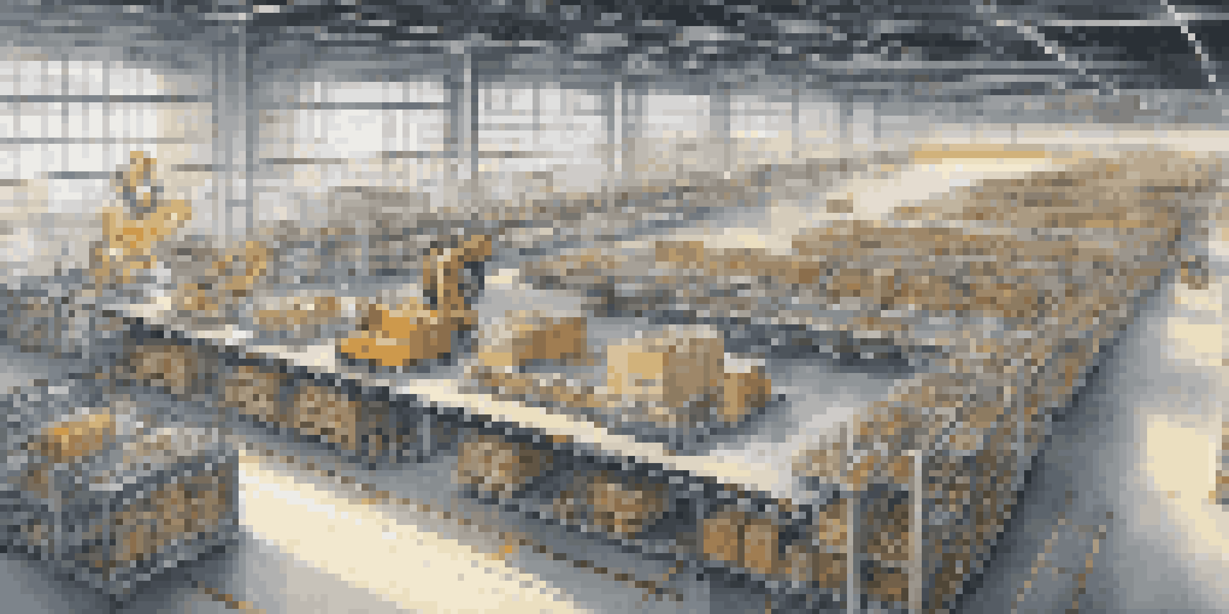 A bright and modern warehouse with robots moving packages on a conveyor belt, showcasing advanced automation and organized shelves.