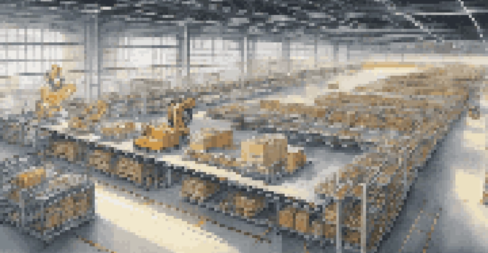 A bright and modern warehouse with robots moving packages on a conveyor belt, showcasing advanced automation and organized shelves.