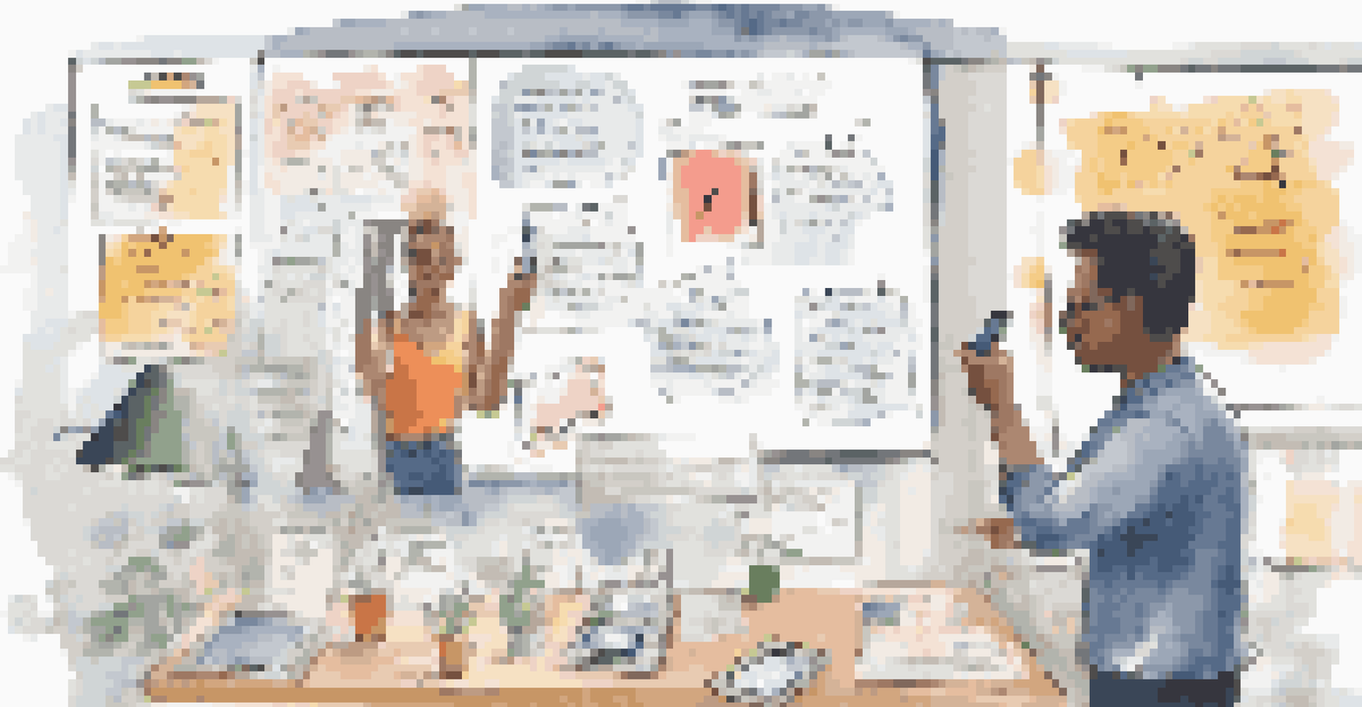 A person testing a mobile app on a smartphone, surrounded by feedback notes and a whiteboard with ideas.