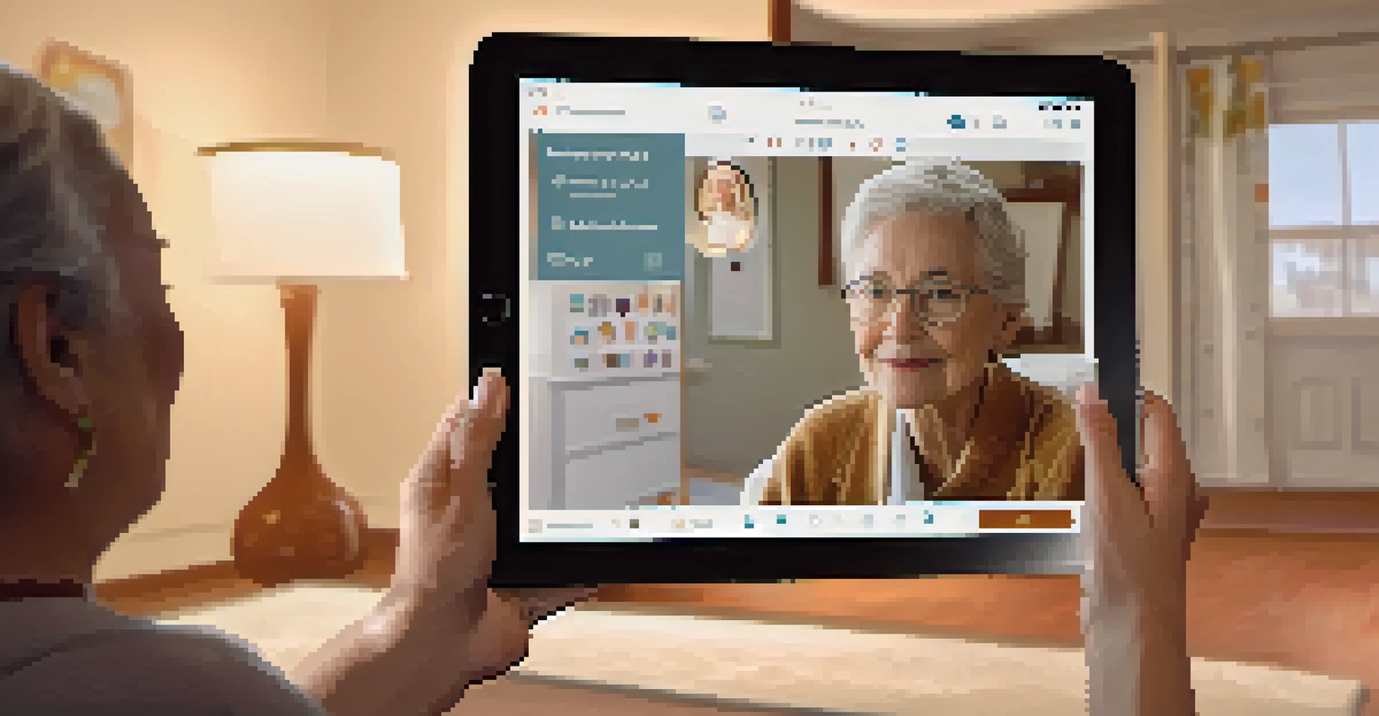 An elderly woman interacting with an AI-powered virtual health assistant on a tablet in a cozy home environment.