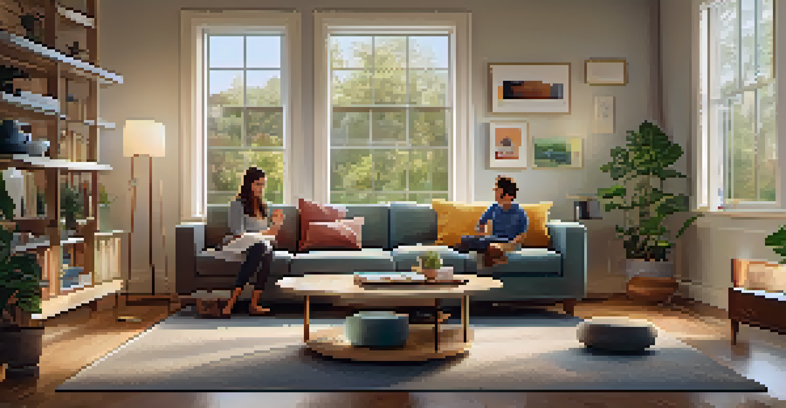 A family in a cozy living room using a smart speaker with voice commands, featuring comfortable furniture and warm lighting.
