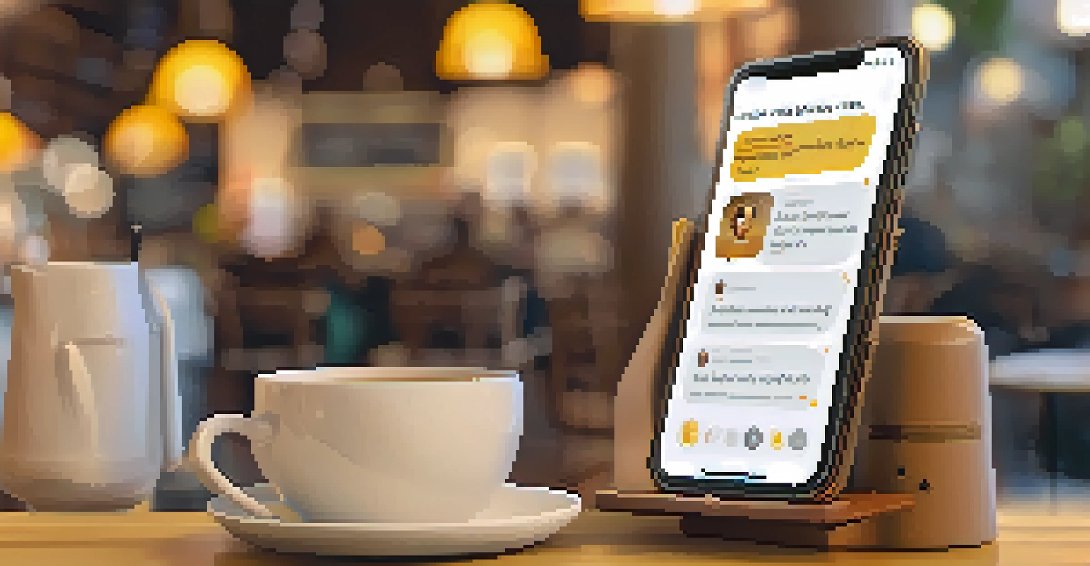 A smartphone showing a friendly AI chatbot interface in a cozy café setting.