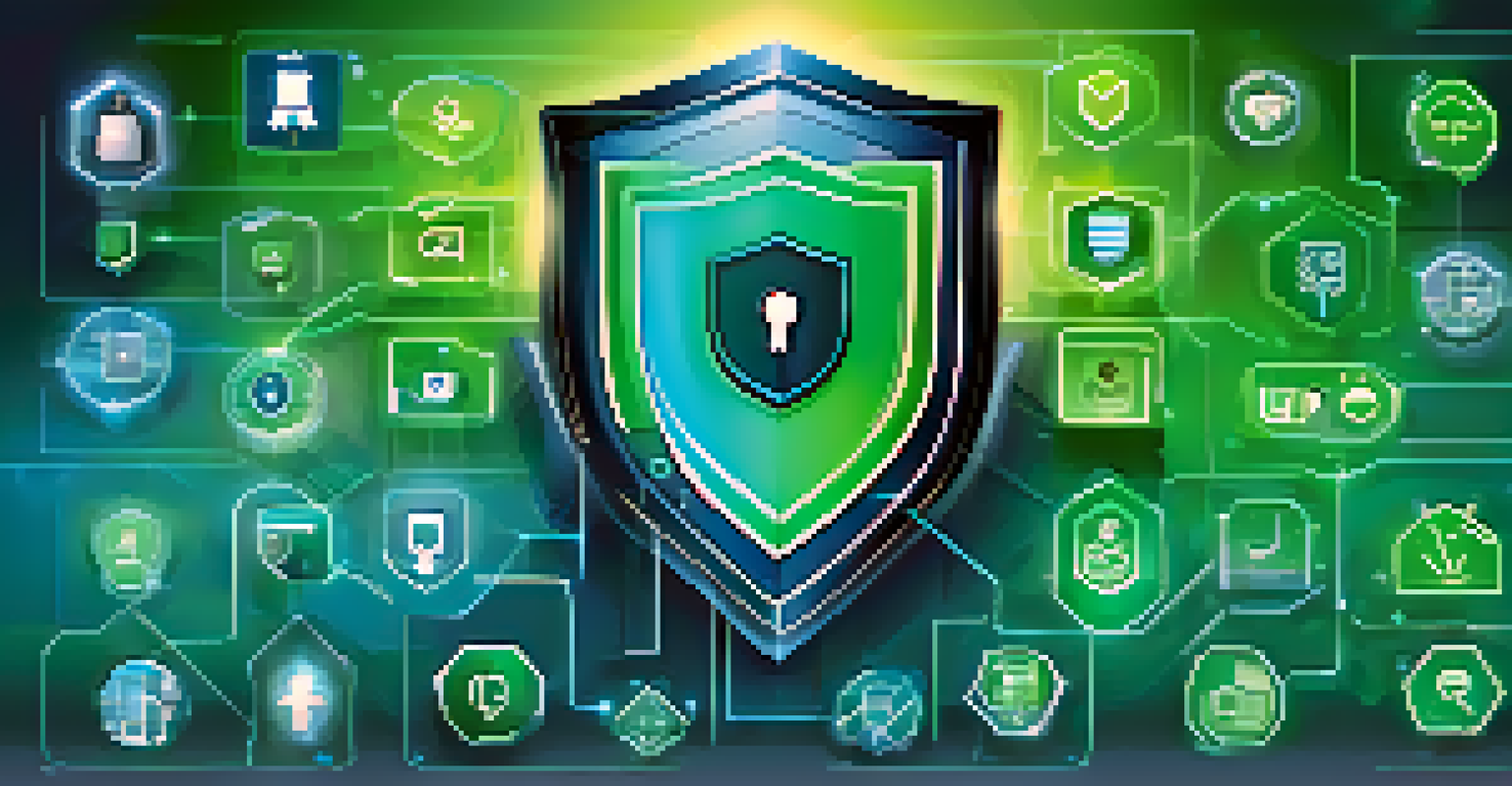 An abstract representation of identity governance with a shield in the center and icons of security and user access surrounding it.