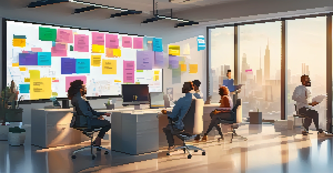 A diverse team engaging in a video call in a bright office, with digital collaboration tools around them.