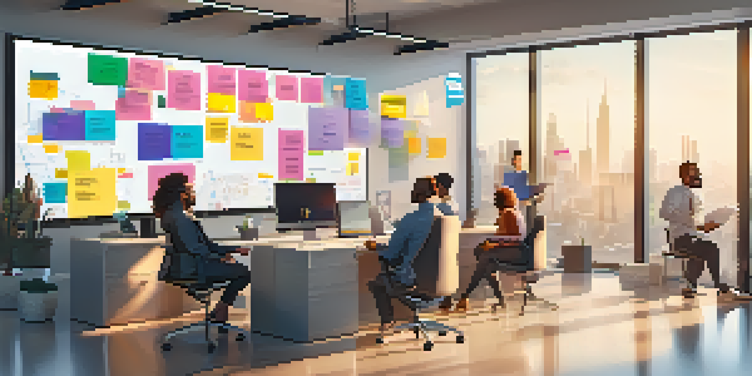 A diverse team engaging in a video call in a bright office, with digital collaboration tools around them.