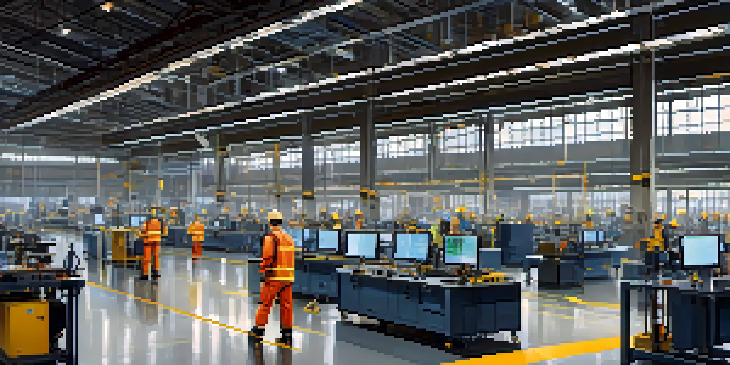 A busy factory floor with workers and high-tech equipment, illuminated by natural light, featuring screens showing real-time data.