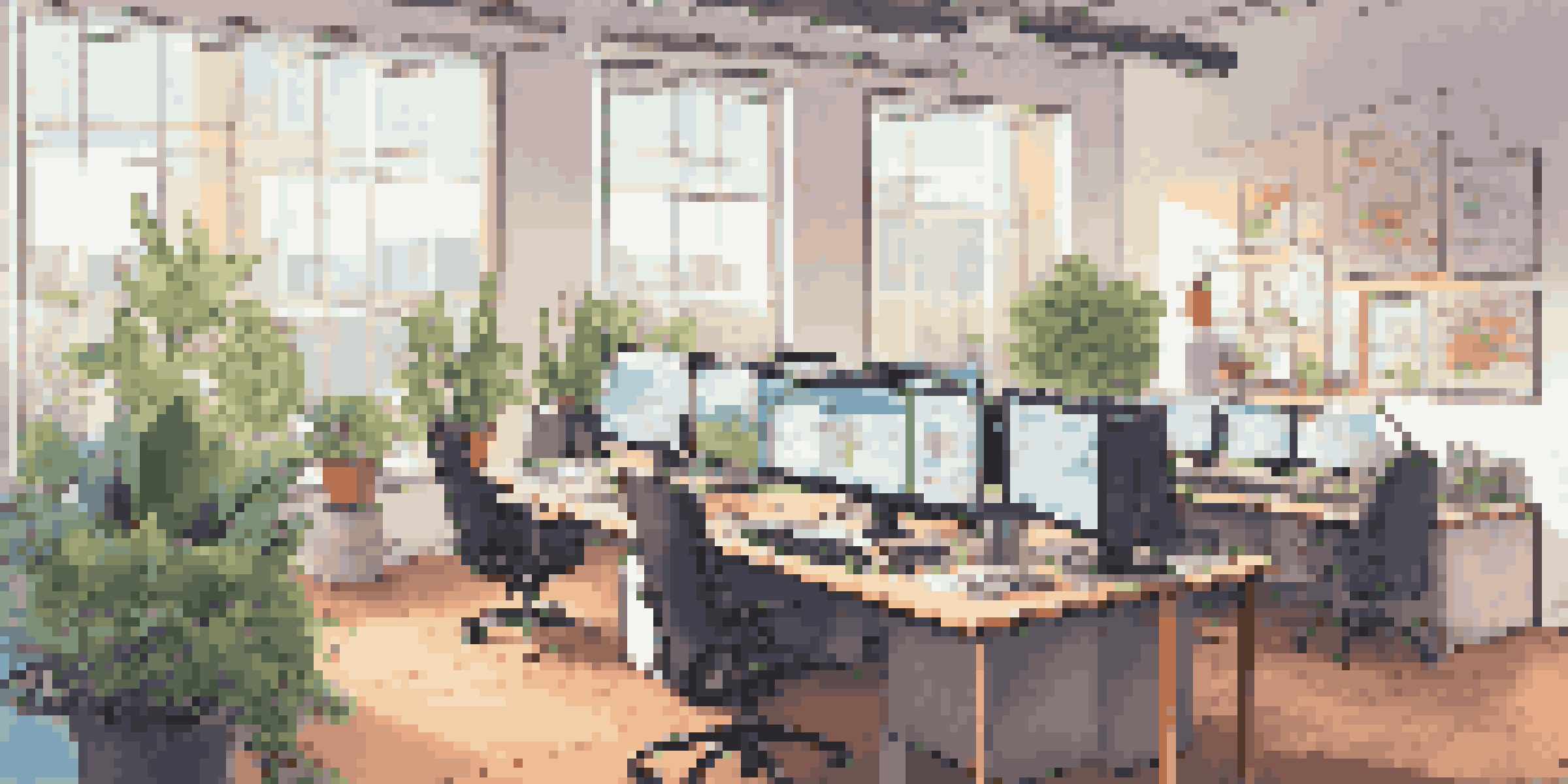 A modern software development workspace with multiple monitors, colorful charts, and plants, illuminated by soft natural light.