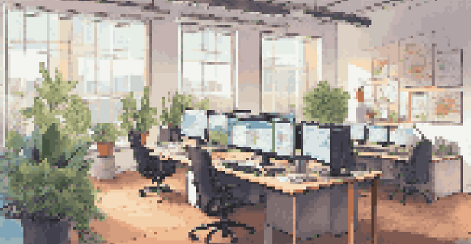 A modern software development workspace with multiple monitors, colorful charts, and plants, illuminated by soft natural light.