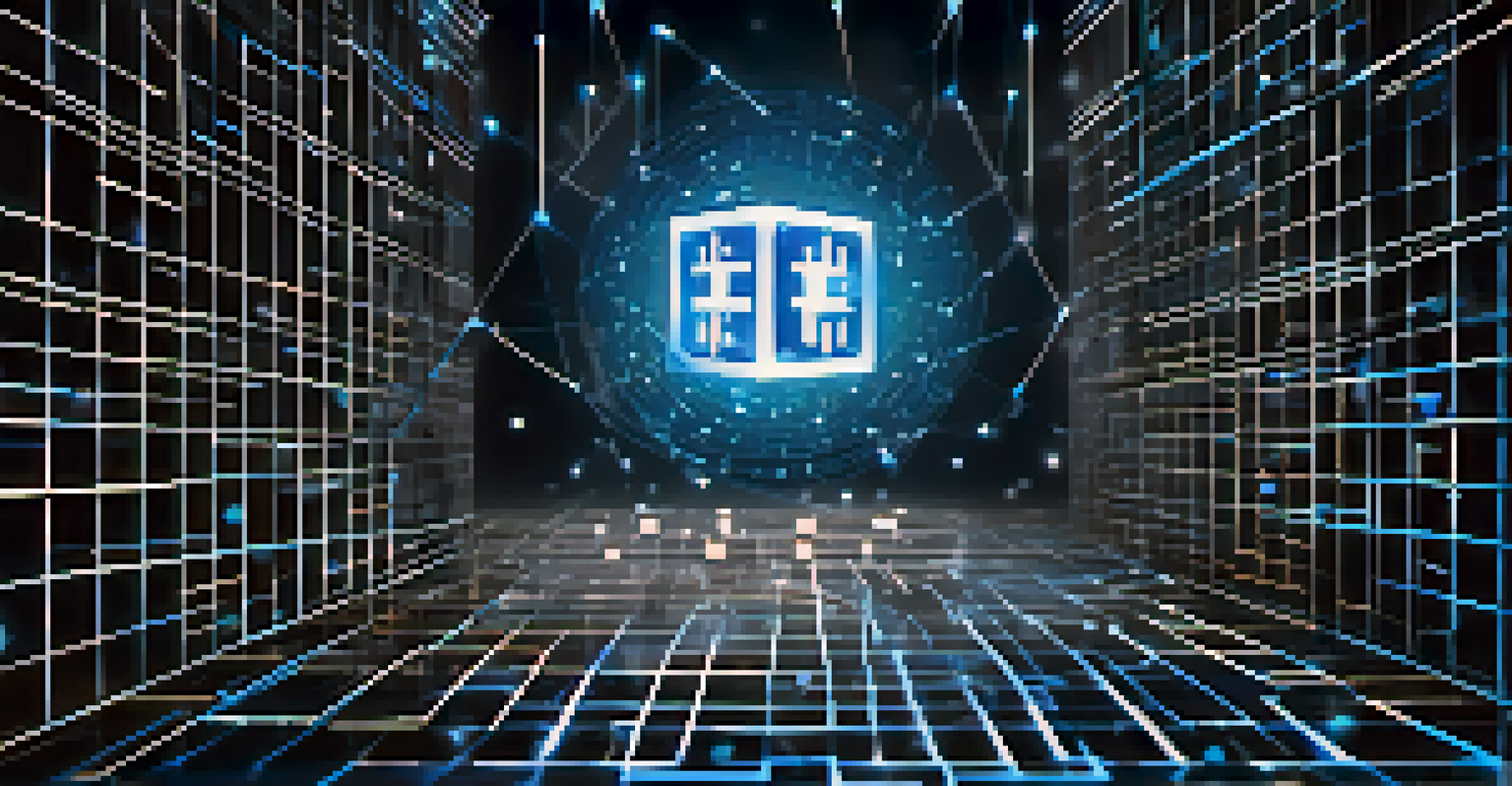 An abstract image showing interconnected blocks with a blue glow against a dark background, representing blockchain technology.