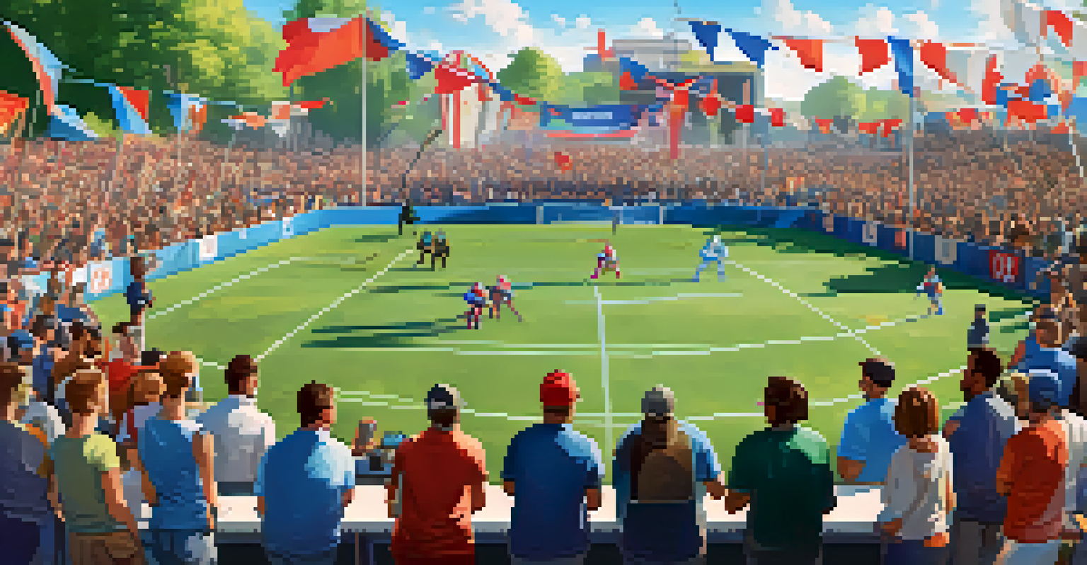 A vibrant outdoor gaming event with a large screen showing a live game stream and a diverse crowd of enthusiastic gamers.