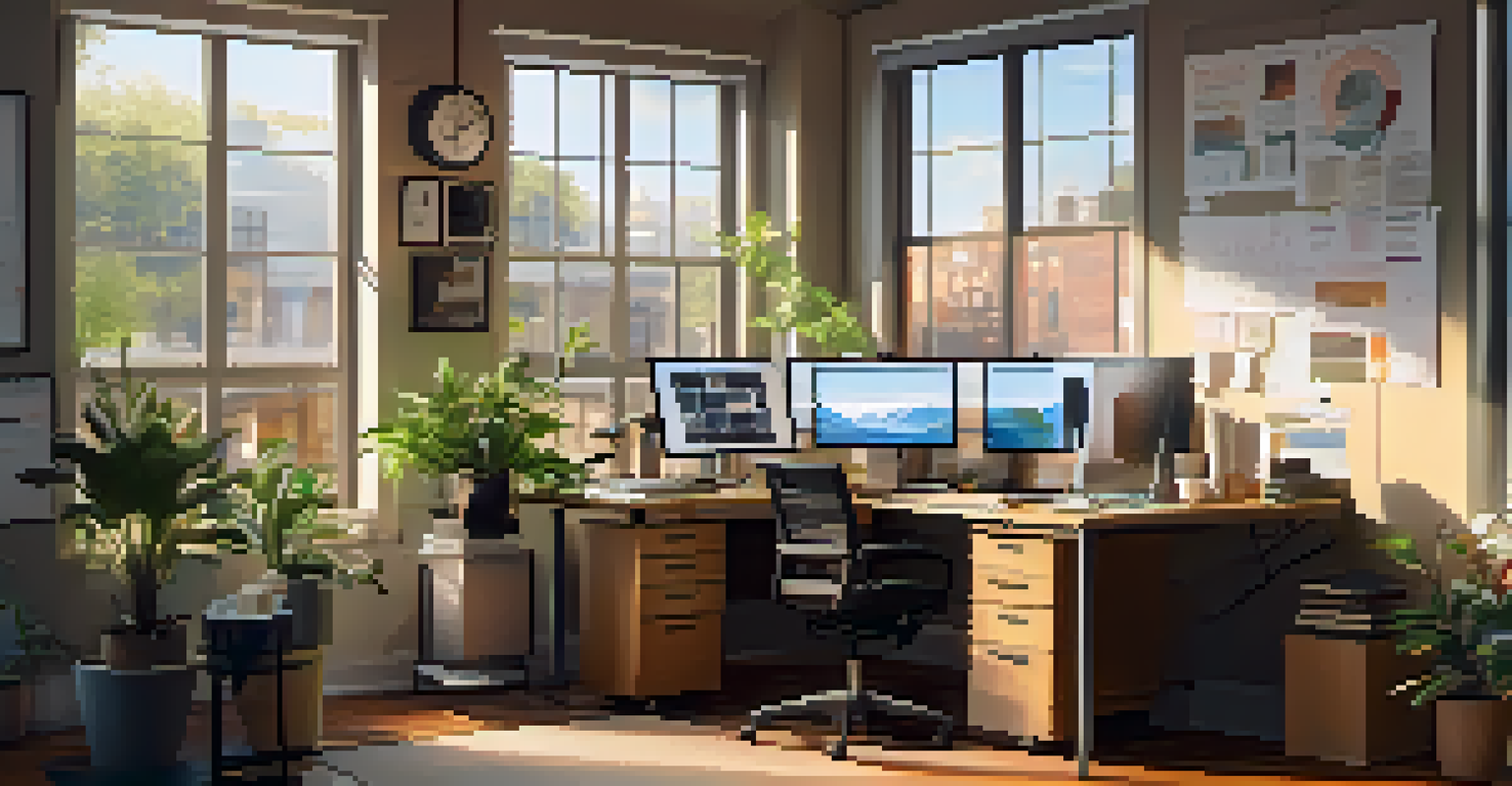 A modern office workstation with dual monitors displaying data migration, cluttered desk, and natural light from a large window.