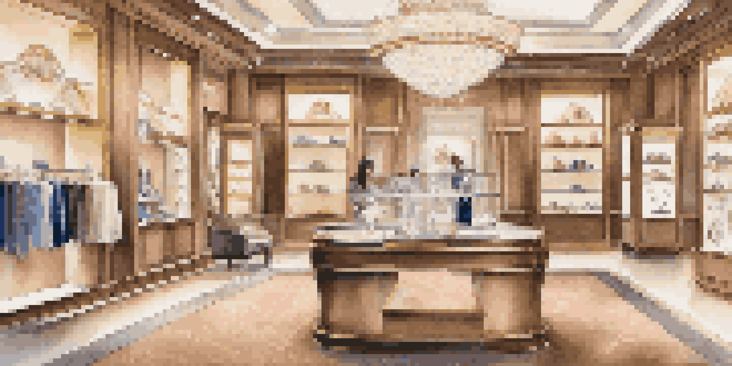 An elegant boutique showcasing high-end jewelry with a customer using a smartphone to visualize a necklace.